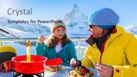 Presentation with mountain view - Colorful slide set enhanced with fondue cheese swiss winter ski backdrop and a light blue colored foreground