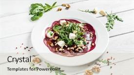  Presentation with rustic wood wooden frame - Theme having foo - beet carpaccio on wooden background background and a  colored foreground