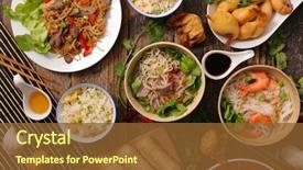  Presentation with asian food - Colorful theme enhanced with food - assorted asian cuisine backdrop and a tawny brown colored foreground