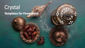  Presentation with arabic food - Slide set consisting of food - bronze plate with dates coffee background and a gray colored foreground