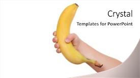  Presentation with food banana - Beautiful PPT theme featuring baby playing food - children's hand holds a banana backdrop and a  colored foreground