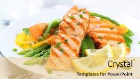  Presentation with peppers - Theme featuring food - grilled salmon with asparagus pea background and a yellow colored foreground