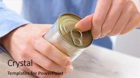  Presentation with canned food - Presentation with canned food - man's hand opening can background and a coral colored foreground