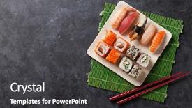  Presentation with sushi - Audience pleasing PPT layouts consisting of food - set of sushi and maki backdrop and a dark gray colored foreground