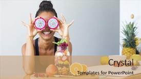  Presentation with tropical fruit - PPT theme enhanced with food - woman smiling with a tropical background and a coral colored foreground