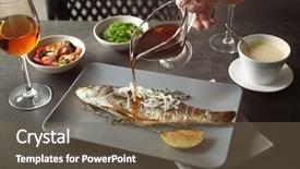  Presentation with food fish - Slides with fry s food - woman's hand pouring sauce onto background and a tawny brown colored foreground