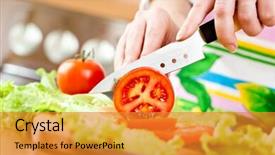  Presentation with tomato - Colorful PPT theme enhanced with finger food - woman's hands cutting tomato behind backdrop and a gold colored foreground