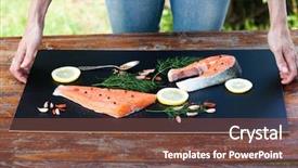  Presentation with salmon - PPT theme with fry s food - woman's hands preparing raw salmon background and a tawny brown colored foreground