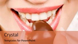  Presentation with candy - PPT theme consisting of food addactive - beautiful girl eating chocolate candy background and a red colored foreground