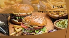  Presentation with gluten free bread on wooden - Theme featuring food addactive - hamburgers and french fries background and a gold colored foreground