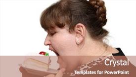 Presentation with sweet - Colorful PPT theme enhanced with food addactive - overweight woman greedy biting sweet backdrop and a coral colored foreground