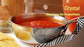 Presentation with pasta sauce - Audience pleasing PPT theme consisting of freshly prepared spaghetti sauce backdrop and a coral colored foreground