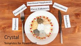  Presentation with food additives - PPT theme enhanced with food additives - nutritional supplements on wooden background background and a coral colored foreground