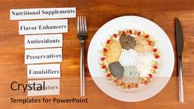  Presentation with supplements - Beautiful presentation theme featuring food additives - nutritional supplements on wooden background backdrop and a coral colored foreground