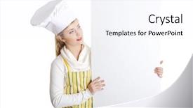  Presentation with man looking up happy - Theme enhanced with food advertisments - happy woman cook or baker background and a sky blue colored foreground