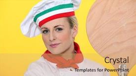  Presentation with portrait of excited overjoyed female - Colorful slides enhanced with food advertisments - portrait of a female pizza backdrop and a coral colored foreground