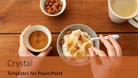  Presentation with food banana - Colorful slide set enhanced with food-and-breakfast-concept-hands backdrop and a red colored foreground