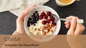  Presentation with breakfast - Audience pleasing PPT theme consisting of food-and-breakfast-concept-hands backdrop and a coral colored foreground