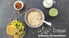  Presentation with nuts milk - PPT theme with food-and-breakfast-concept-oatmeal background and a dark gray colored foreground