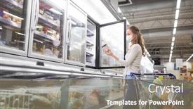  Presentation with freezer - PPT theme enhanced with food-and-pandemic-concept-woman background and a gray colored foreground