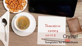  Presentation with proverb - PPT layouts enhanced with napkin message proverb on wooden background and a coral colored foreground