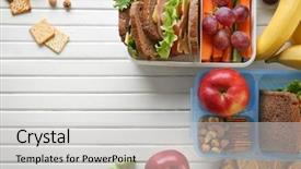  Presentation with microbilogy of fishery products - Slide deck consisting of food apple - lunchboxes with sandwiches and different background and a light gray colored foreground