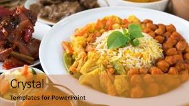  Presentation with curry - Cool new slide deck with indian meal biryani rice and curry backdrop and a gold colored foreground