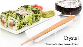  Presentation with white marble plate marble - PPT theme having asia food - tasty rolls served on white background and a  colored foreground