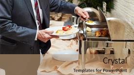  Presentation with catering - Presentation enhanced with food at morning buffet background and a coral colored foreground