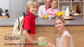  Presentation with school lunch - PPT theme enhanced with outdoors healthy snack children - attentive mother packing the school background and a coral colored foreground