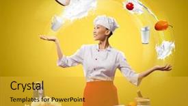  Presentation with asian - Slide set featuring food balance - juggler female asian cook background and a gold colored foreground
