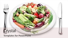  Presentation with white marble plate marble - Slide set with food balance - lots of vegetables background and a soft green colored foreground