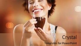  Presentation with cheerful stylish city girl using - Presentation design enhanced with food beverage - beautiful stylish girl drinking coffee background and a coral colored foreground