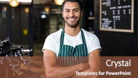  Presentation with five business people standing together and smiling - Colorful slide deck enhanced with food beverage - smiling barista standing with arms backdrop and a red colored foreground
