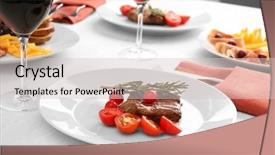  Presentation with appetizers - Slide set consisting of food beverage - steak and appetizers with wine background and a lemonade colored foreground