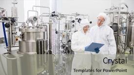  Presentation with food biotechnology - PPT layouts featuring food biotechnology - scientists working with large vat background and a light gray colored foreground