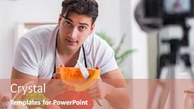  Presentation with blogger - Presentation design enhanced with food-blogger-working background and a coral colored foreground