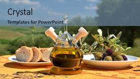  Presentation with olive oil and berries - PPT theme enhanced with food breaded - olive oil olives and bread background and a light blue colored foreground