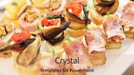  Presentation with banquet - Slide deck with food buffet - various snacks in plate background and a coral colored foreground