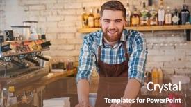  Presentation with portrait happy family smiling - Audience pleasing theme consisting of food business - portrait of handsome cheerful barista backdrop and a tawny brown colored foreground
