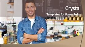  Presentation with cafe - Colorful presentation design enhanced with food business - proud young cafe owner backdrop and a tawny brown colored foreground