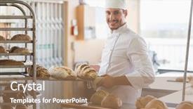  Presentation with baker kneading dough homemade bread - PPT theme consisting of food business - smiling baker holding tray background and a coral colored foreground
