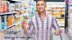  Presentation with supermarket - Amazing slide set having food cans - smiling man holding can backdrop and a light blue colored foreground