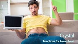  Presentation with extra lessons - Theme with food caution - man suffering from extra kilos background and a ocean colored foreground