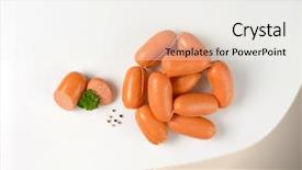  Presentation with medical pill medicine white blue - Beautiful slide deck featuring food chain - pile of raw sausages backdrop and a white colored foreground