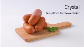  Presentation with cutting board - Slides featuring food chain - short thick sausages on wooden background and a sky blue colored foreground