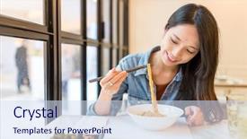  Presentation with chinese restaurant - Slide set consisting of food chain - woman enjoy noodles in chinese background and a sky blue colored foreground