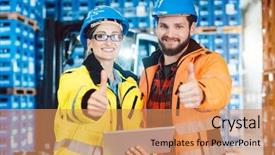  Presentation with distribution logistics - Amazing theme having food chain - workers in logistics distribution center backdrop and a coral colored foreground