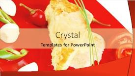  Presentation with food red - Amazing PPT theme having food cheese casserole piece on red plate served with garlic chives and tomatoes isolated over white backdrop and a blonde colored foreground