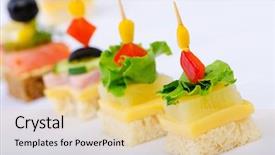  Presentation with various town newspaper headline - Theme with food cheese meat seafood - selection of various canape background and a lemonade colored foreground